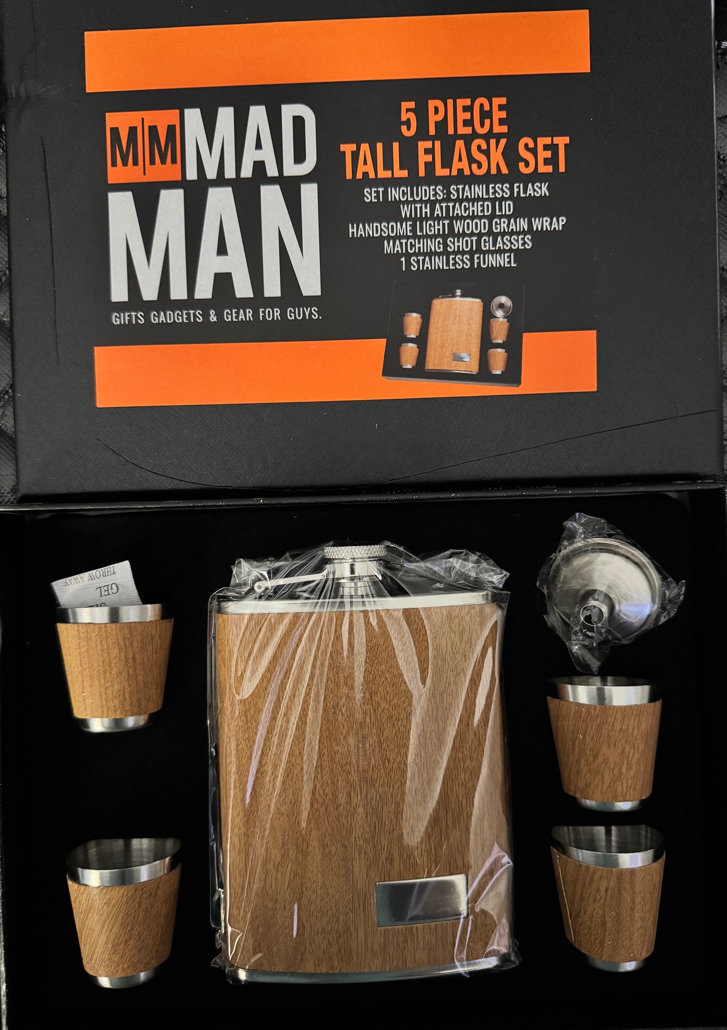 Mad Man 5 Piece Tall Flask Set in Wood Grain Finish