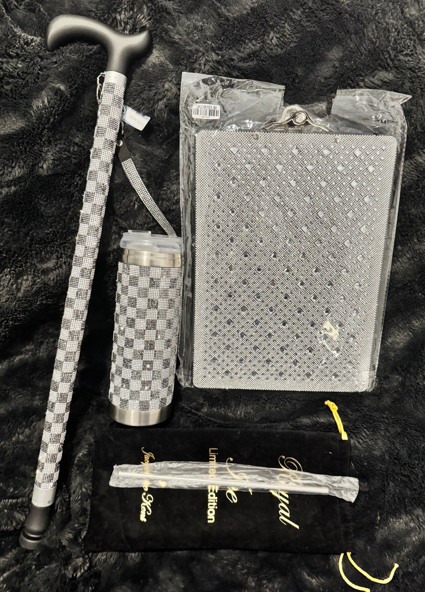 ***Bundle deal*** Jacqueline Kent Silver Checkered Cane, Tumbler And Clipboard!