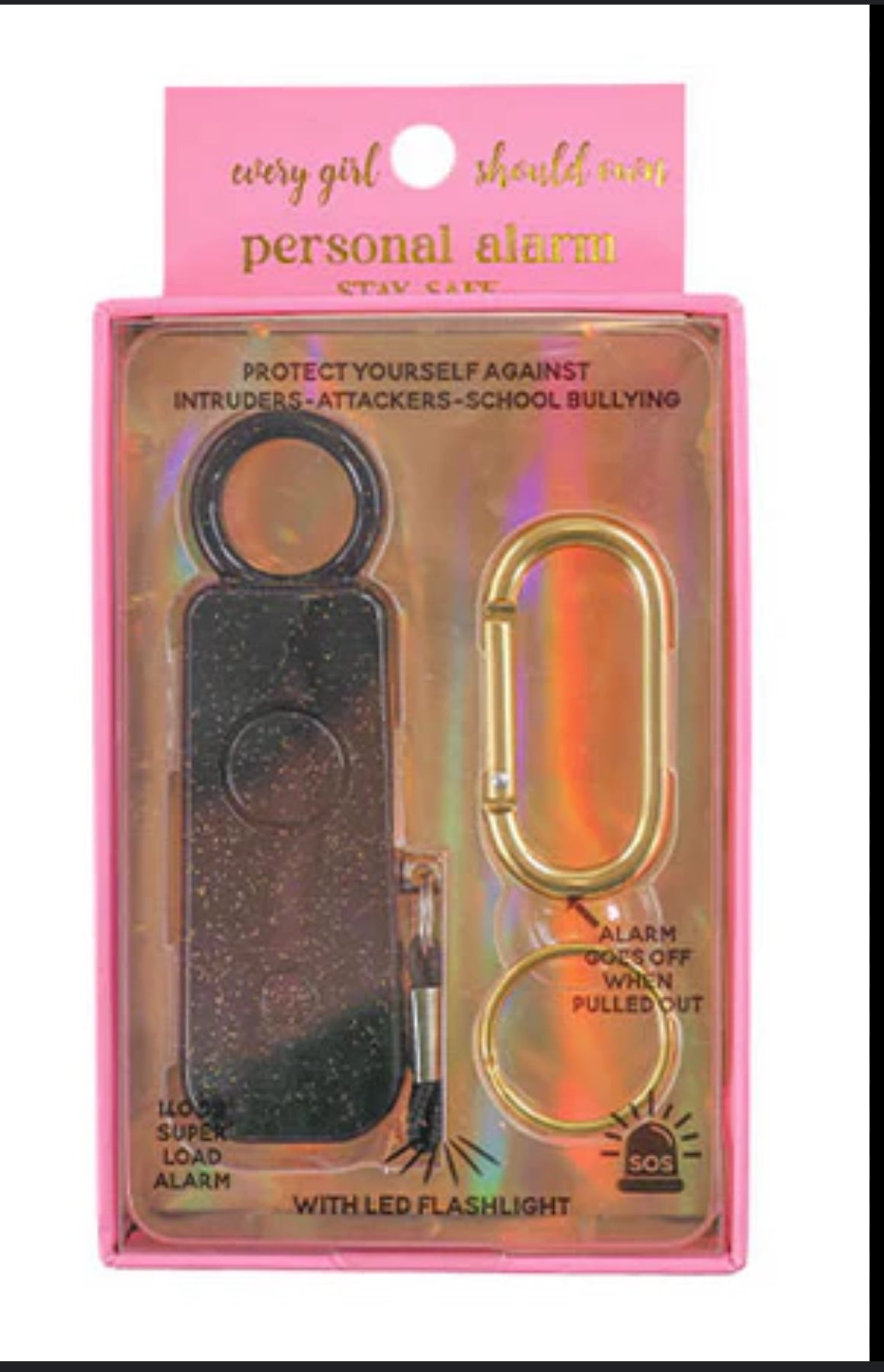 Personal Alarm w/LED Flashlight -Black Metallic
