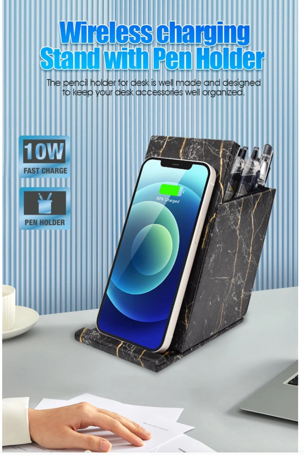 Wireless Charger With Pen Holder - Rainbow Iridescent in color