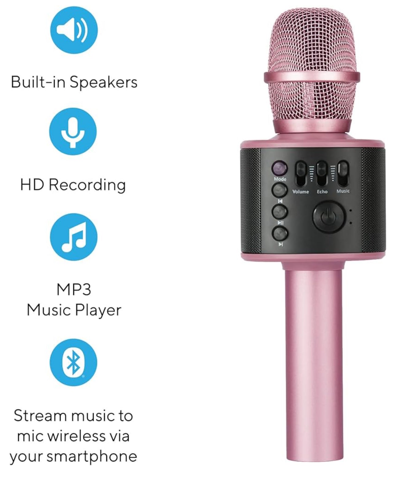 Core Innovations Wireless Bluetooth Karaoke Microphone with Built-in Speakers + HD Recording, Portable Handheld Mic | Rose Gold
