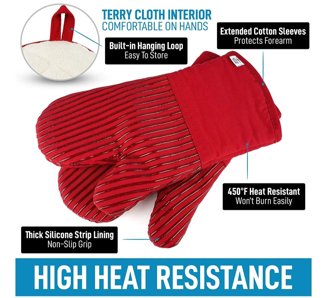 Zulay Kitchen Silicone Oven Mitts Red Stripes-2 piece