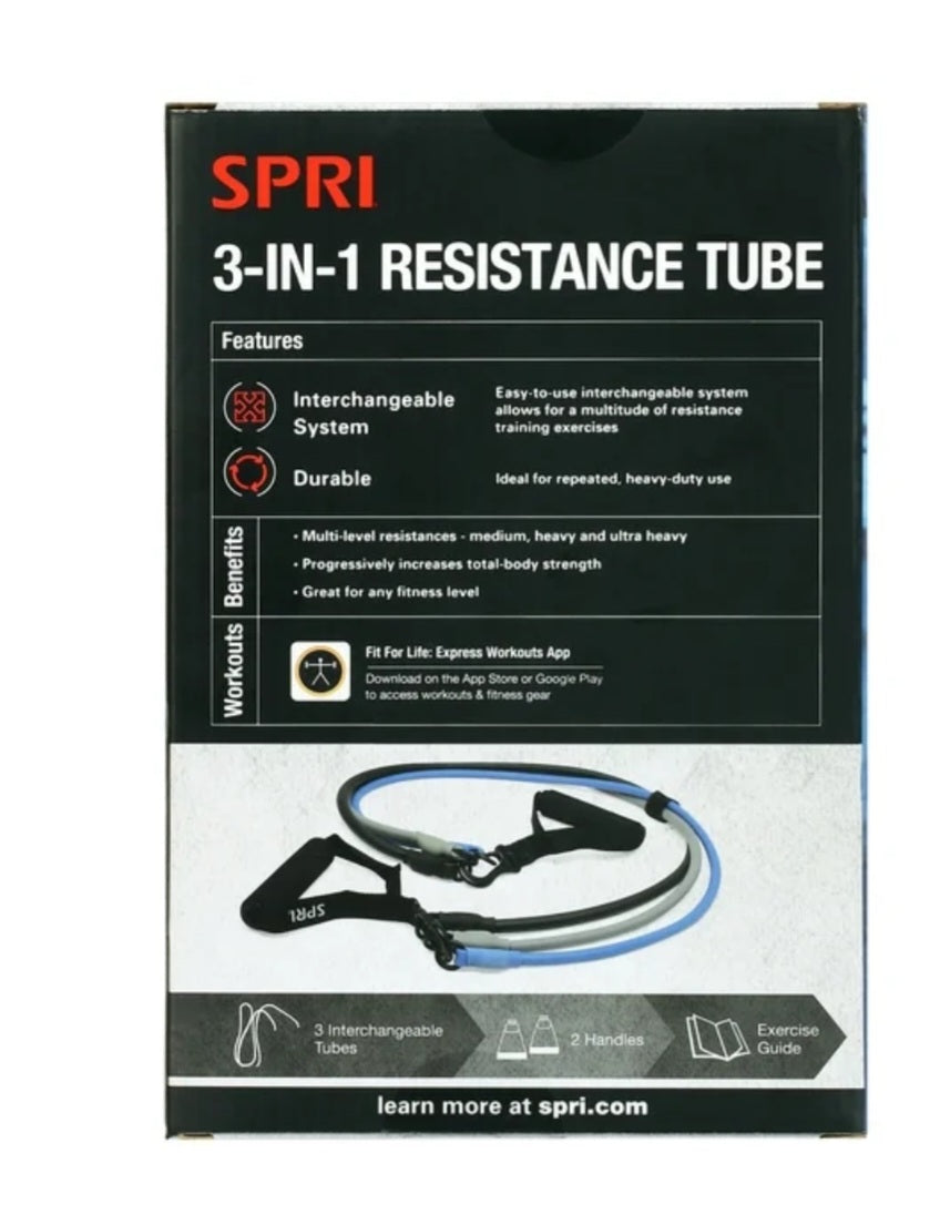 SPRI 3-in-1 Resistance Tube Kit, Includes 3 Levels of Resistance, Exercise Band Kit