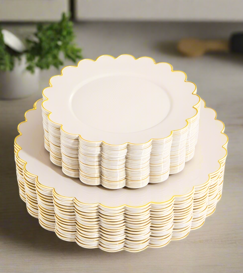 PLASTIC IVORY AND GOLD SCALLOPED PLATES 60 PIECE