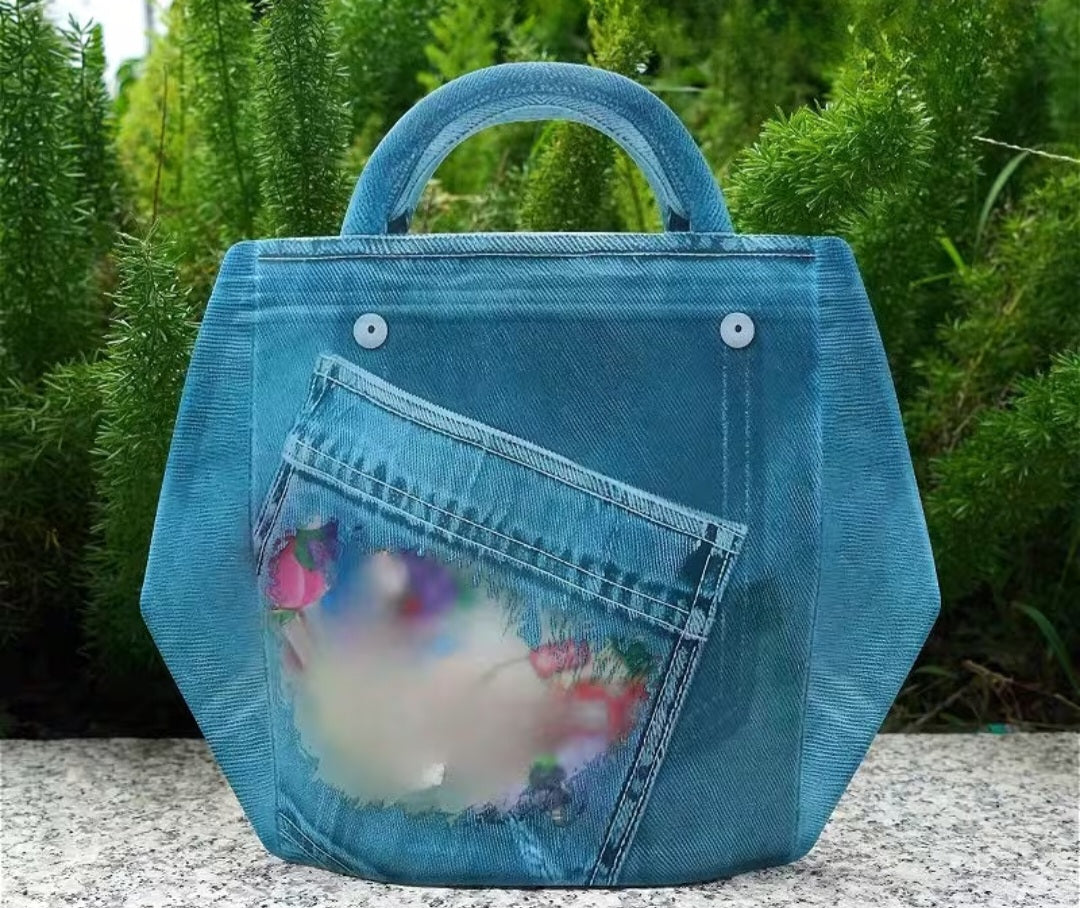 Denim Style Plastic Bag w/ Handles & Reusable Zipper Closure (2 piece). Length 8.5 inches -width 8.66 inches