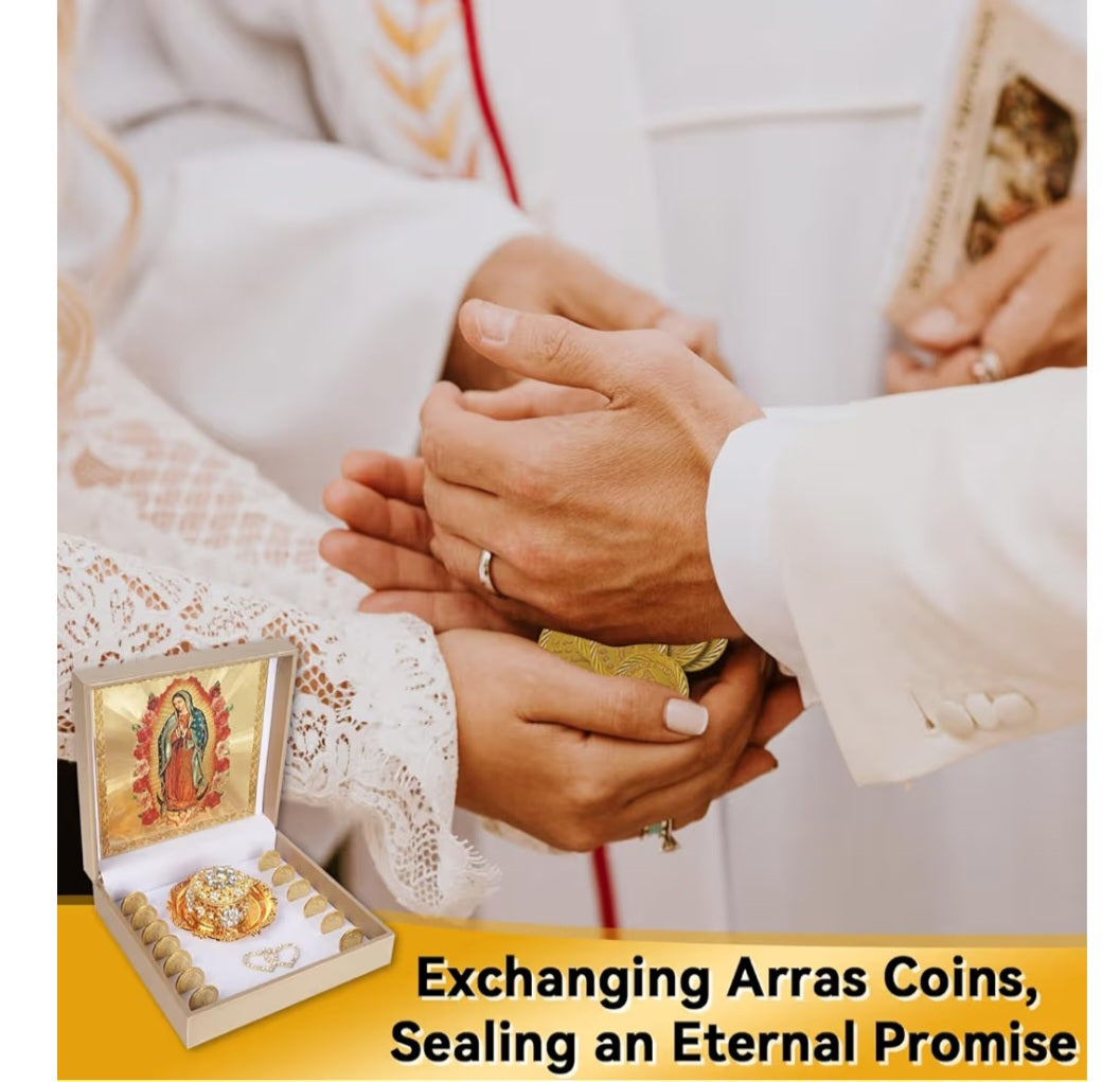 8d Arras Para Boda Catolica with Virgen De Guadalupe Gifts Box. Catholic Arras Box, Mexican Wedding Arras Coins Set(Gold) Small double heart not included!