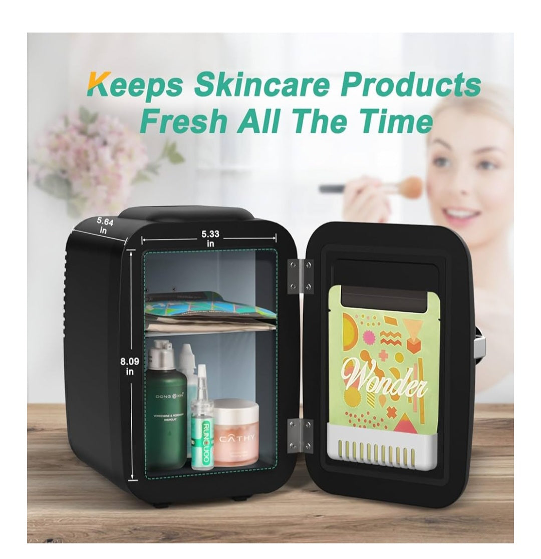 -001 NEW ITEM- CROWNFUL Mini Fridge, 4 Liter/6 Can Portable Cooler and Warmer Personal Fridge for Skin Care, Cosmetics, Food,Great for Bedroom, Office, Car (Black)