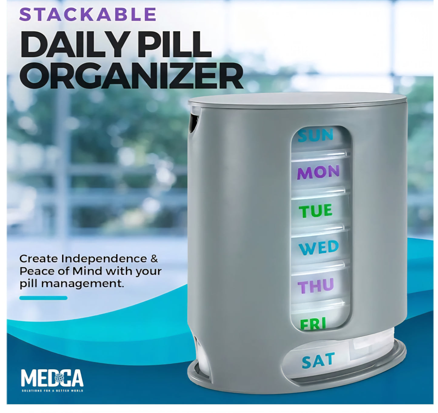 -001 NEW ITEM-Weekly Pill Organizer, 1 Dispenser, 7 Stackable Compartments Four Times-a-Day