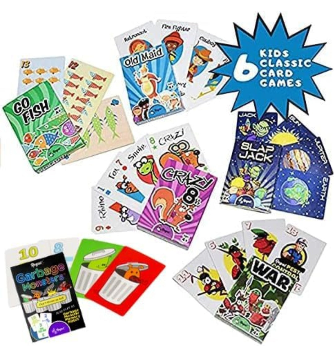 Classic Card Games for Kids - Go Fish, Crazy 8's, Old Maid, Slap Jack, Garbage Monsters, War (Pack of 6)