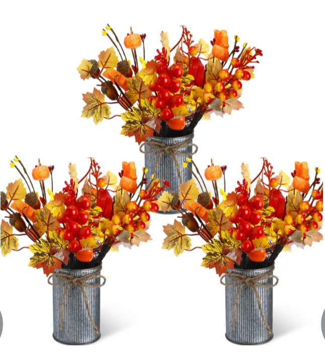 Fall Table Centerpiece Decoration 3 Pack-Harvest Artificial Flower, Pumpkin, Maple Berry with Metal Pots