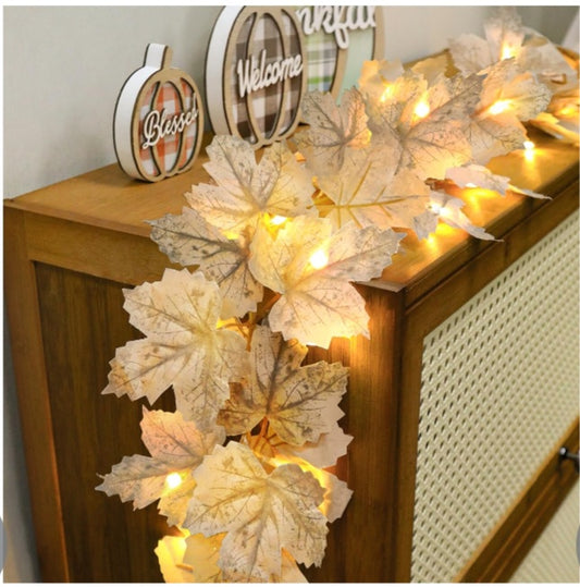 -001 NEW ITEM- Lighted Maple Leaves Garland Total 13Ft 40LED Battery Operated-Timer( Leaves enlarged in picture)2 Pack!
