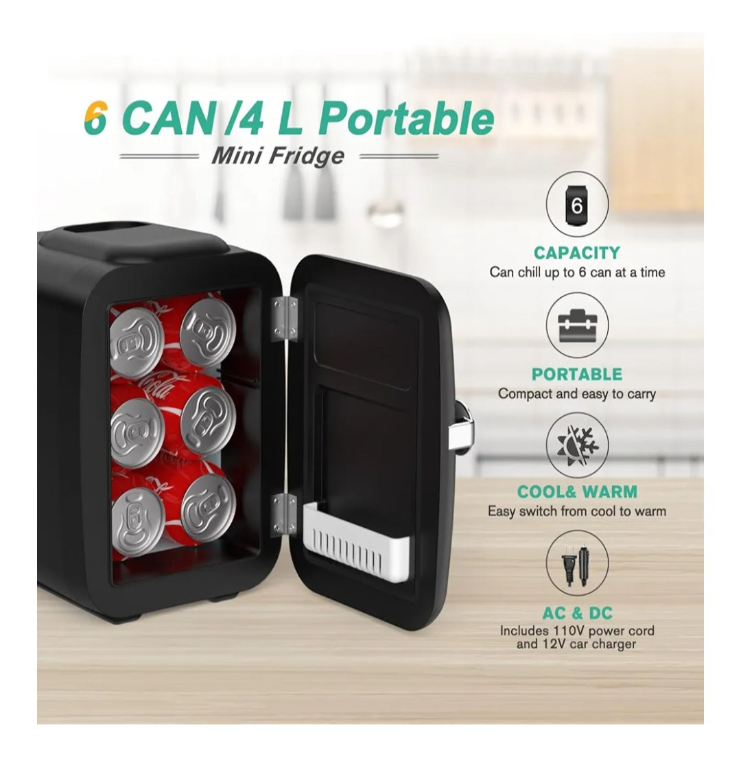 -001 NEW ITEM- CROWNFUL Mini Fridge, 4 Liter/6 Can Portable Cooler and Warmer Personal Fridge for Skin Care, Cosmetics, Food,Great for Bedroom, Office, Car (Black)