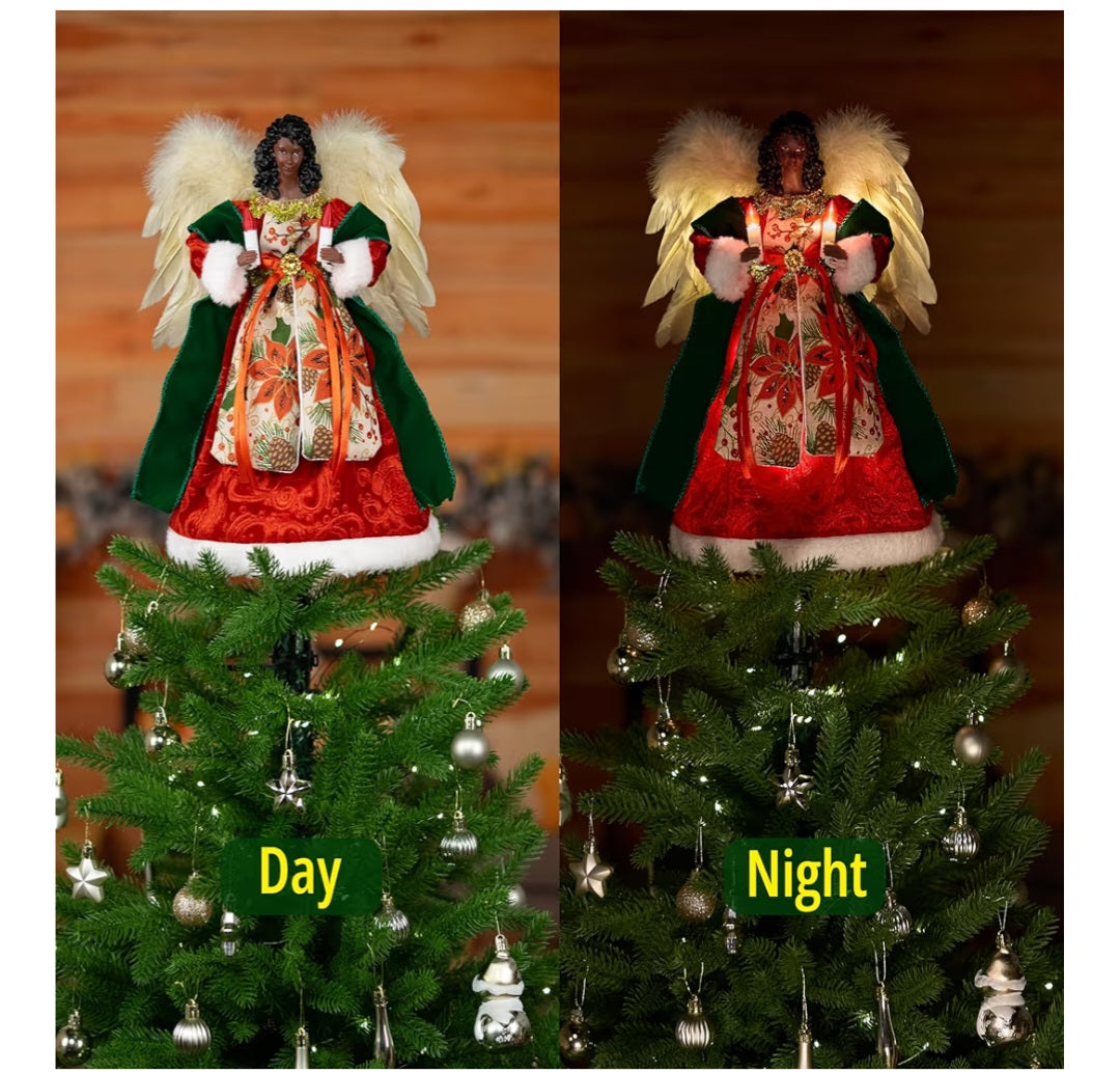 -000- Moving Black Angel Tree Topper with Lights.12-Inch Red Cloth Lighted African American Decoration Holding Candles
