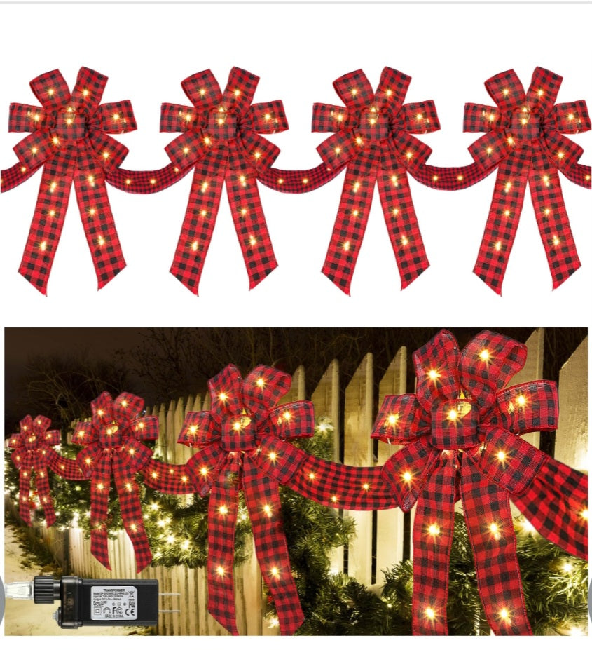 -000- Lighted Christmas Ribbon and Bows Fence Decoration, 13 ft Long 20 x 11''
