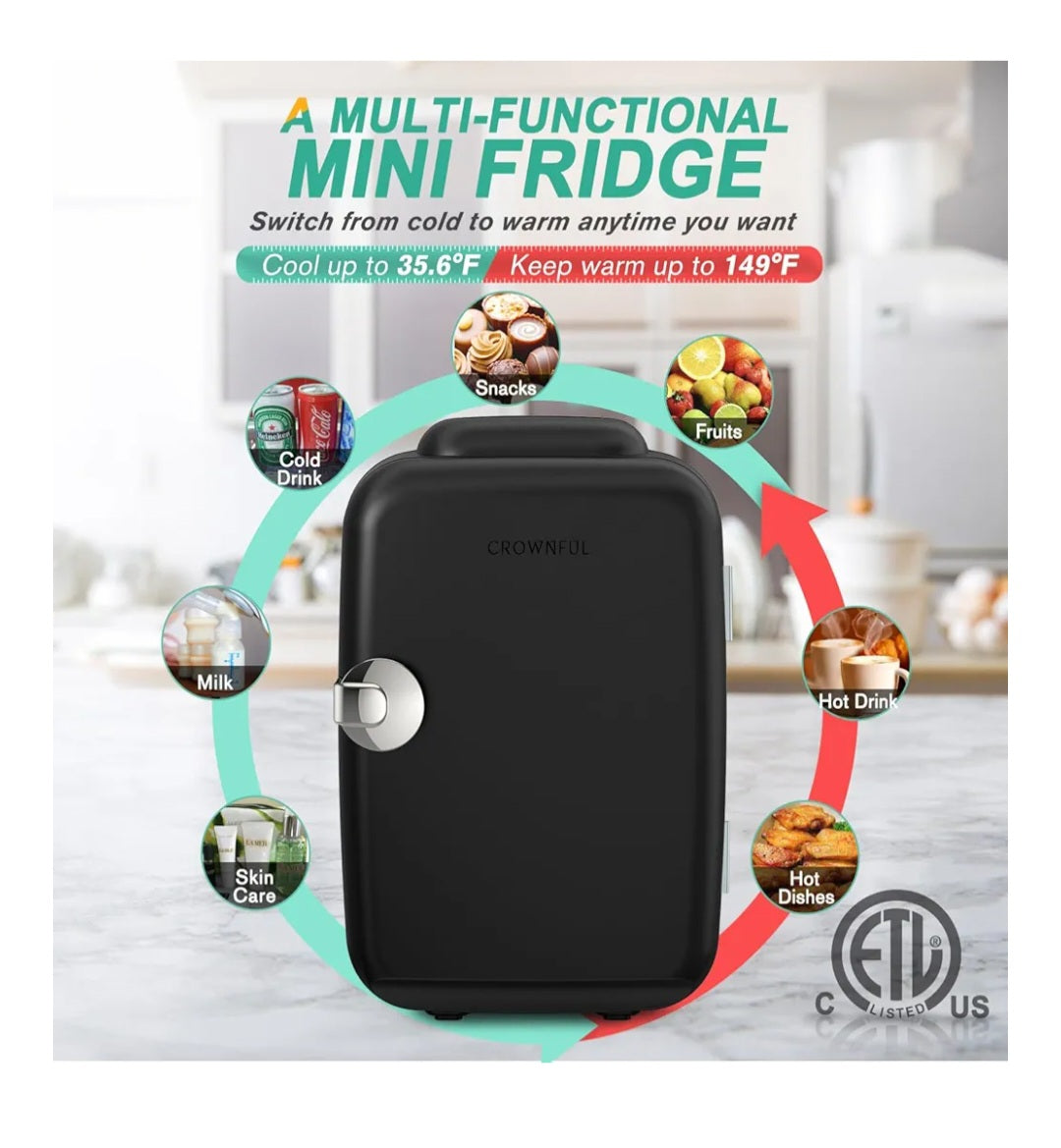-001 NEW ITEM- CROWNFUL Mini Fridge, 4 Liter/6 Can Portable Cooler and Warmer Personal Fridge for Skin Care, Cosmetics, Food,Great for Bedroom, Office, Car (Black)
