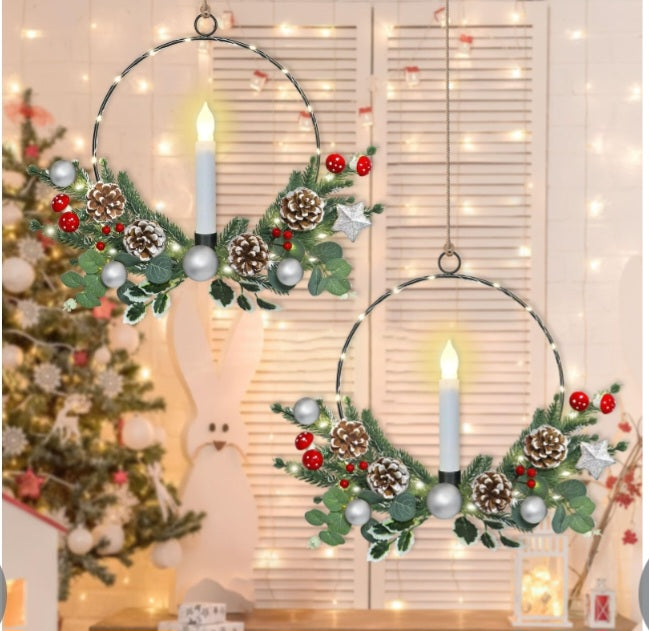 -000- Christmas Wreath with LED Taper Candle 2 Pack