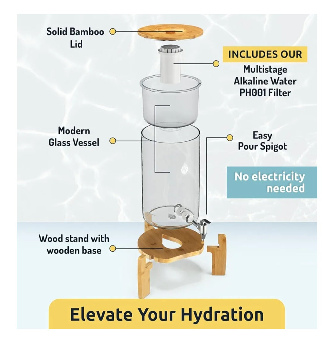 -001 NEW ITEM-pH Recharge Glass Alkaline Water Filter Dispenser - Countertop Water Filter System