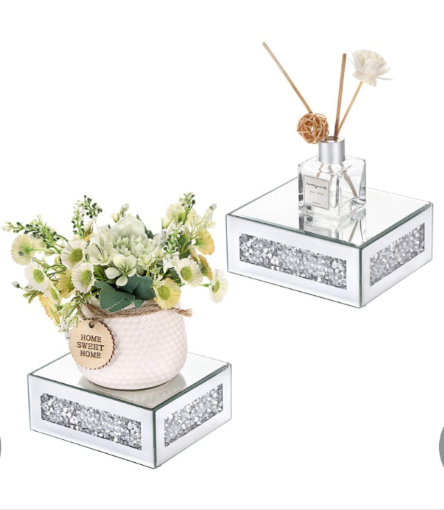 Silver Crushed Diamond Glass Floating Shelves 2 Pack, 5 Inches Wall Decor