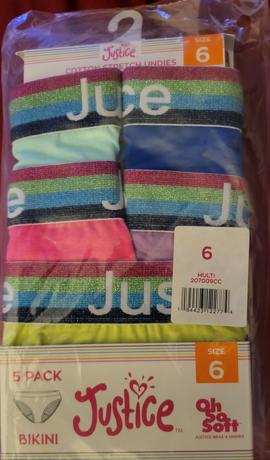 Justice Girls Oh So Soft Logo Elastic Bikini Underwear, 5 pack, Sizes 6