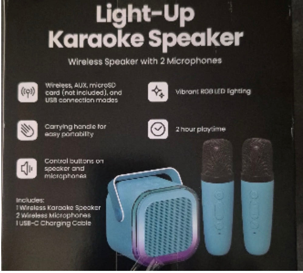 NEW - Light Up Karaoke Speaker. Comes with Two Microphones, USB charging cable.