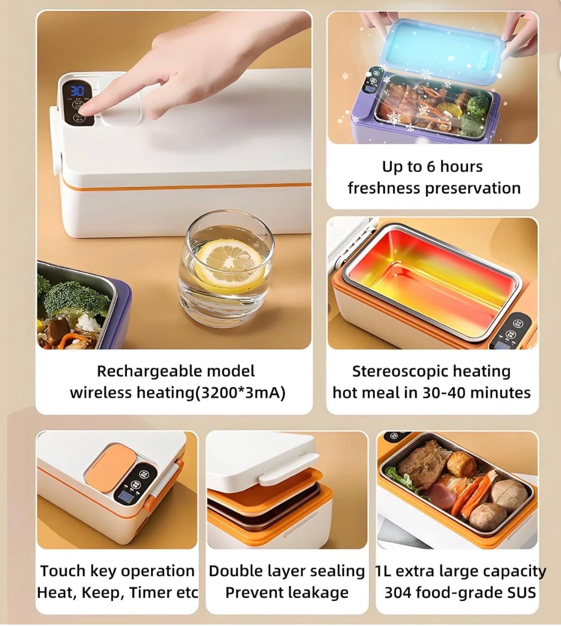 9a Electric Heating Lunch Box, USB Rechargeable Cordless Heated Lunch Box, 1L Ultra