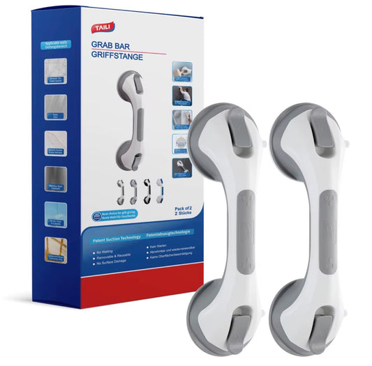 TAILI Shower Grab Bar, 2 Pack 12 Inch Suction Grab Bars for Bathtubs and Showers for Elderly, Shower Handle for Seniors Bathroom Safety Grip, No Drilling Removable,Grey