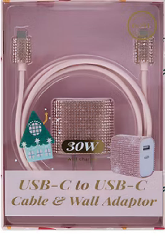 Pink Bling USB-C to USB-C Cable & Wall Adapter