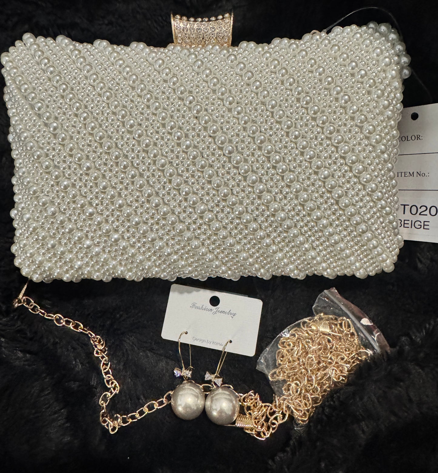 Pearl Clutch Purse Trimmed In Gold W/Bow Pearl Gold Earrings Perfect For a Wedding