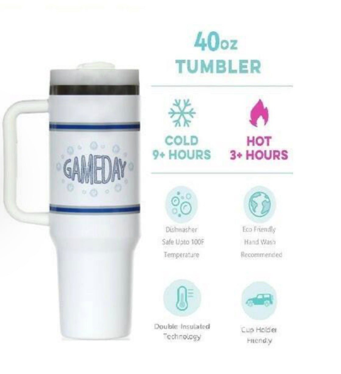40 oz Game Day Tumbler Blue and White Stainless Steel Vacuum Insulated