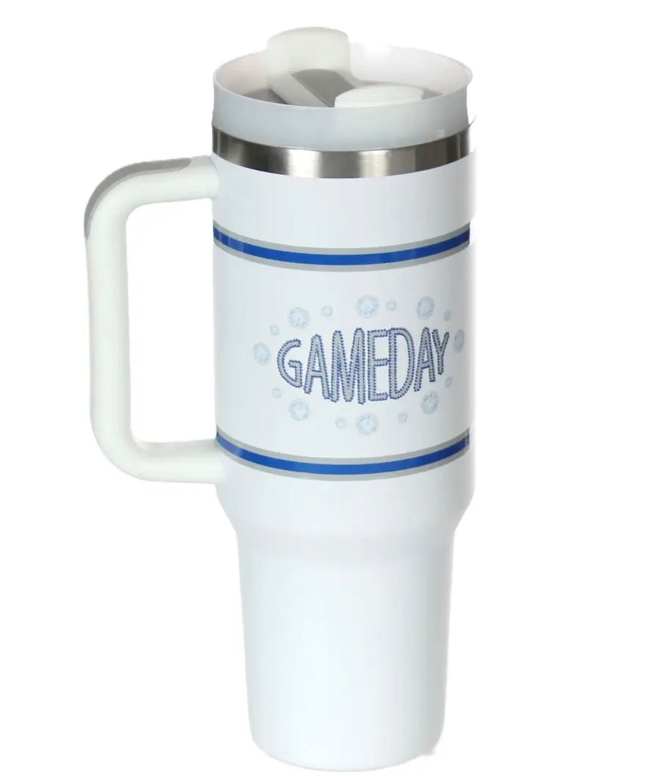 40 oz Game Day Tumbler Blue and White Stainless Steel Vacuum Insulated