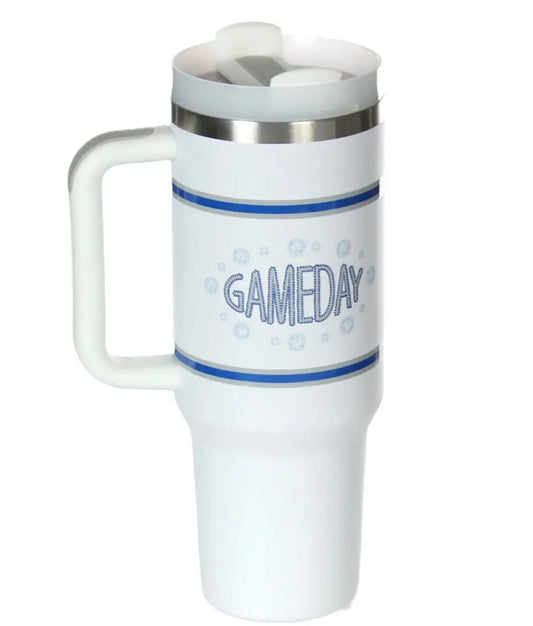 40 oz Game Day Tumbler Blue and White Stainless Steel Vacuum Insulated