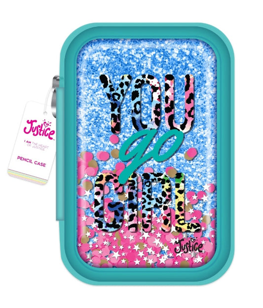Justice You Go Girl Glitter Cheetah Zipper Pencil Case with Multicolor Confetti