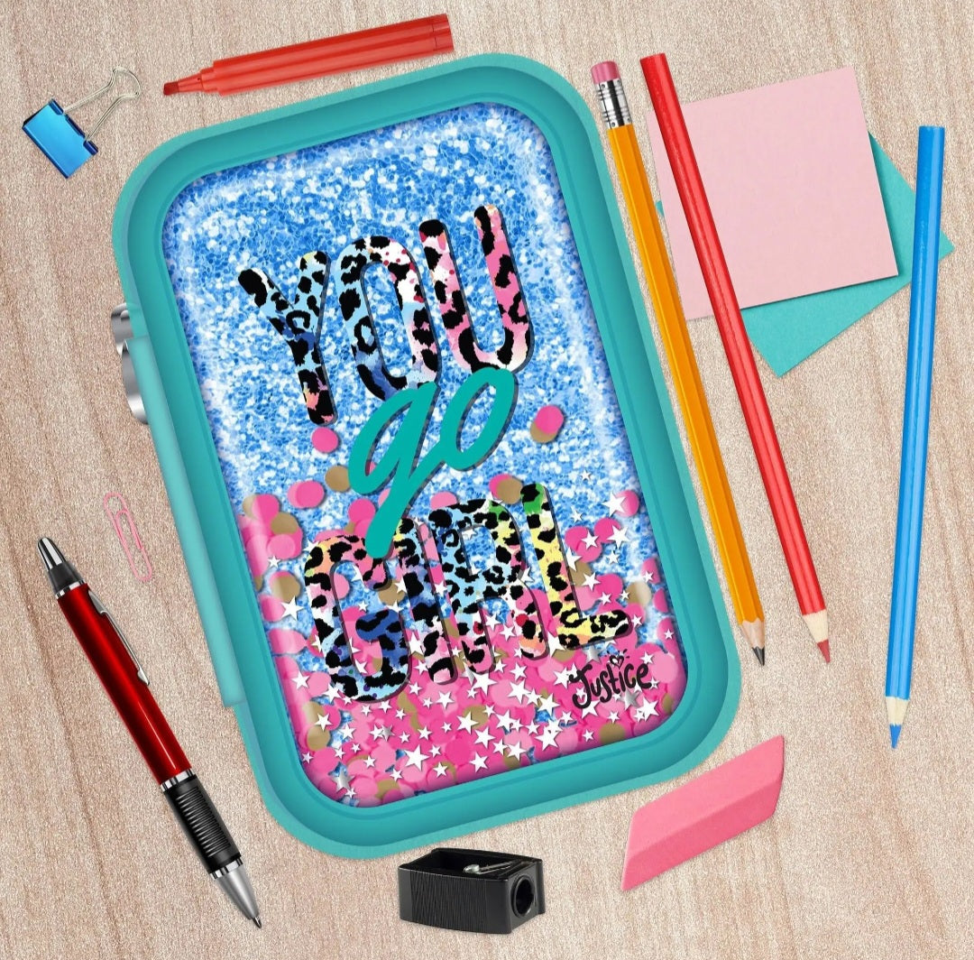 Justice You Go Girl Glitter Cheetah Zipper Pencil Case with Multicolor Confetti