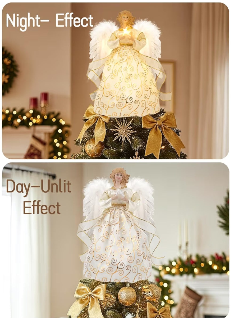 Angel Tree Topper with White Feather Wings and Gold Skirt,with LED Light #779-720