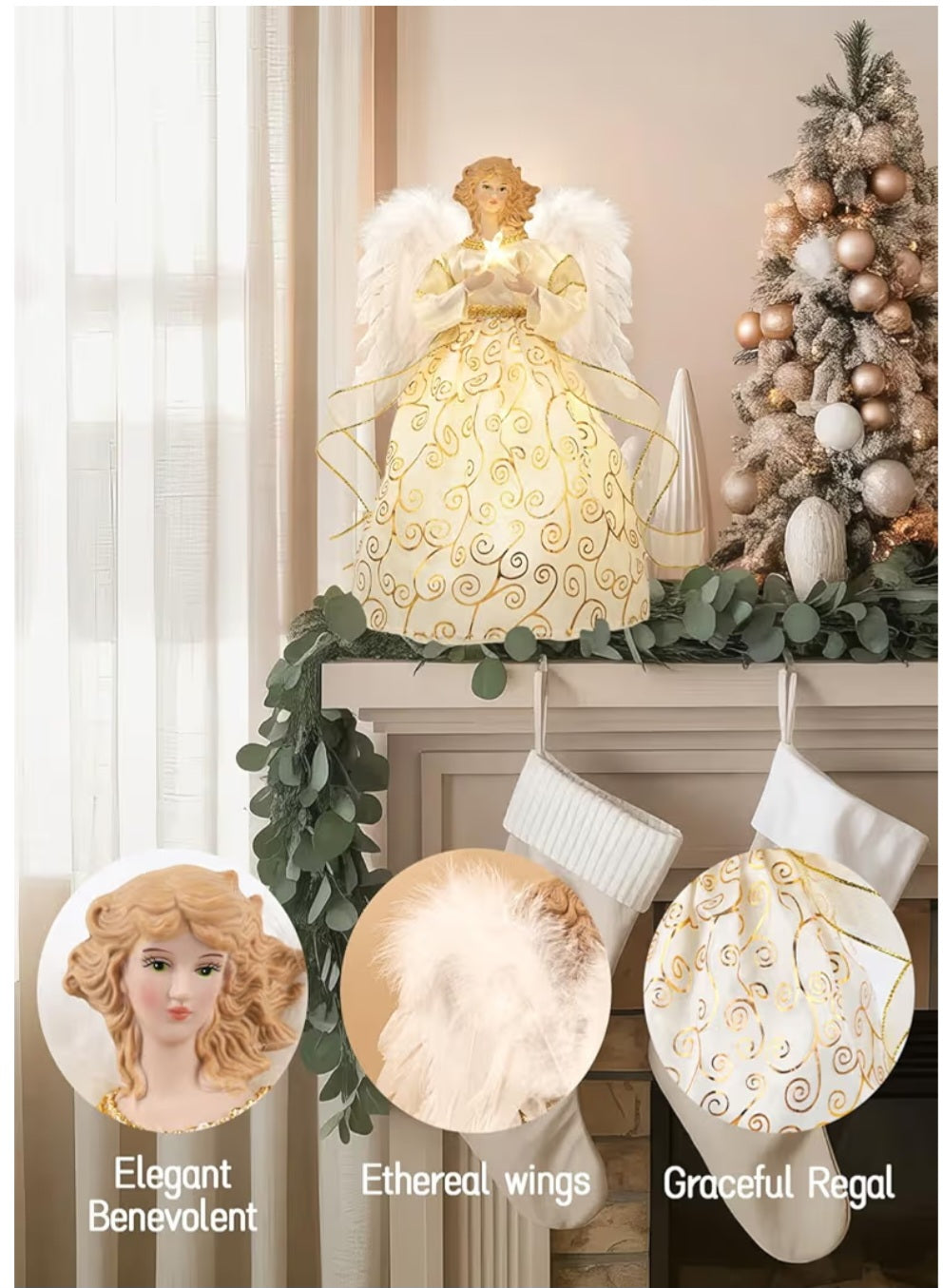 Angel Tree Topper with White Feather Wings and Gold Skirt,with LED Light #779-720
