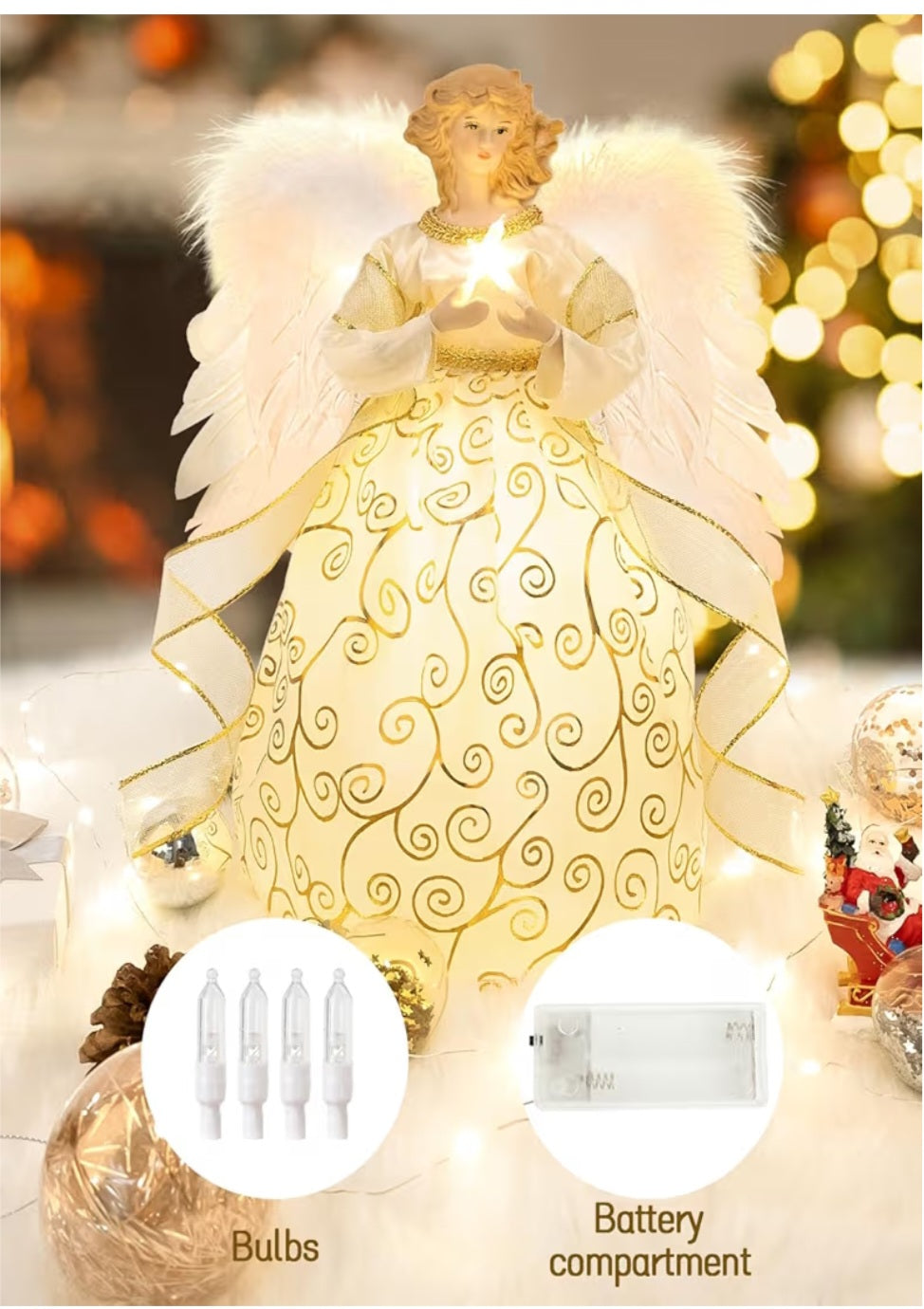 Angel Tree Topper with White Feather Wings and Gold Skirt,with LED Light #779-720