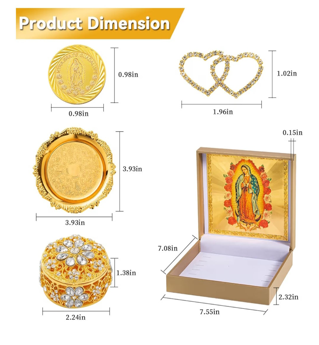 8d Arras Para Boda Catolica with Virgen De Guadalupe Gifts Box. Catholic Arras Box, Mexican Wedding Arras Coins Set(Gold) Small double heart not included!