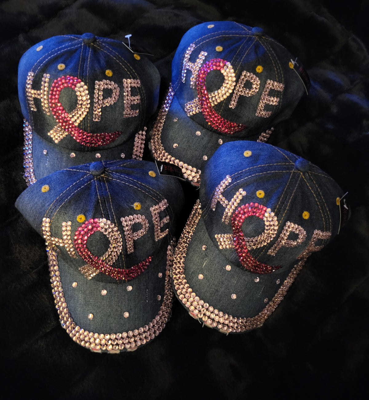 Breast Cancer Bling Hope Cap with distressed stitching around bib