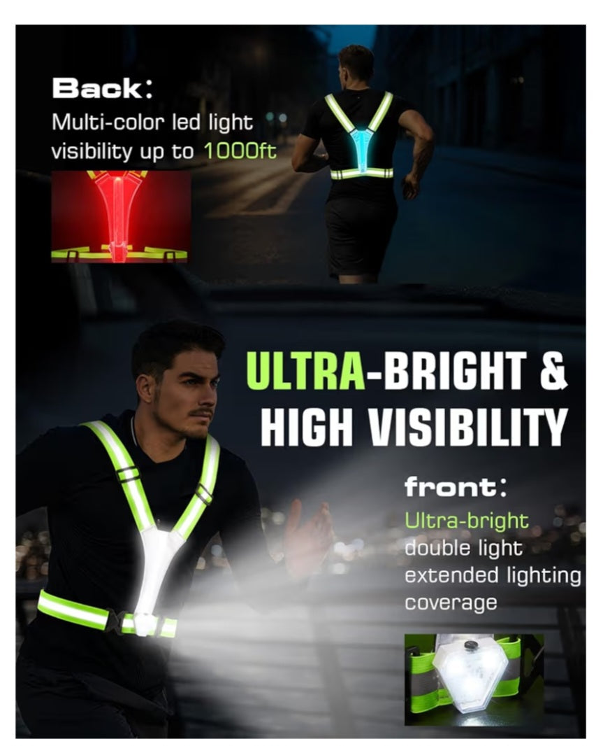 9h LED Reflective Vest with Chest Light 500LM, 5 RGB Colors High Visibility Rechargeable Light