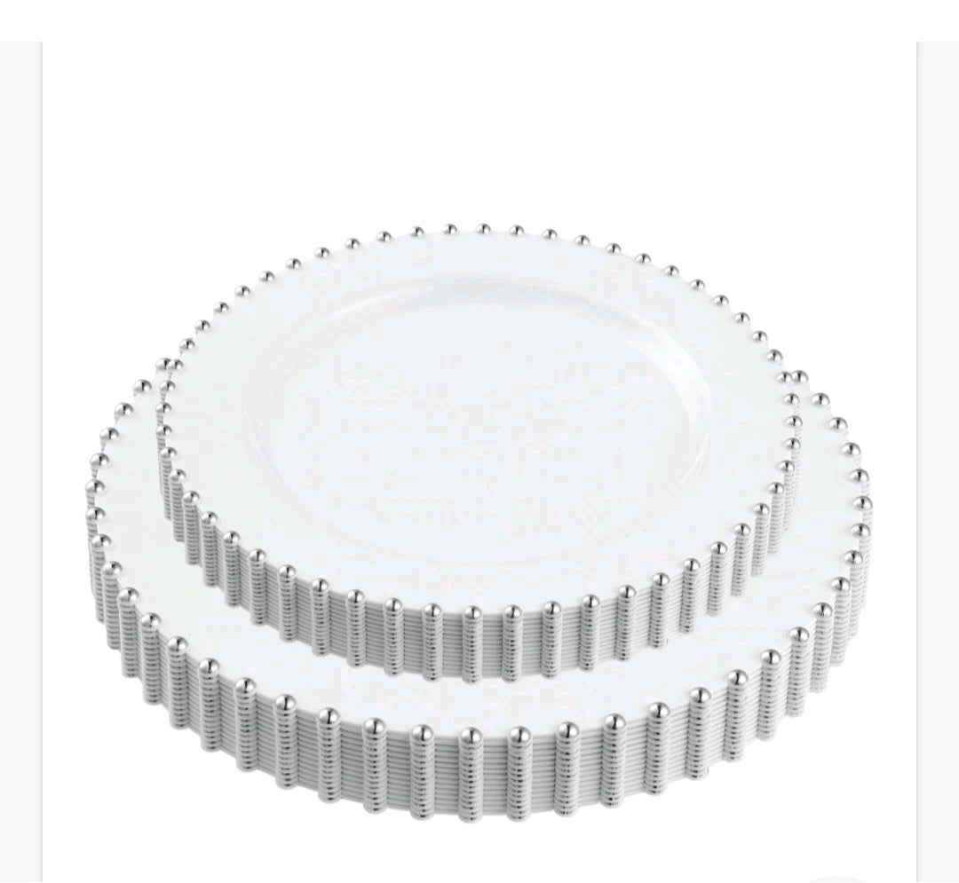-001 NEW ITEM--32 Piece  Heavy Duty Plastic Dishes 7 and 10 inch, White and Silver Beaded treasure