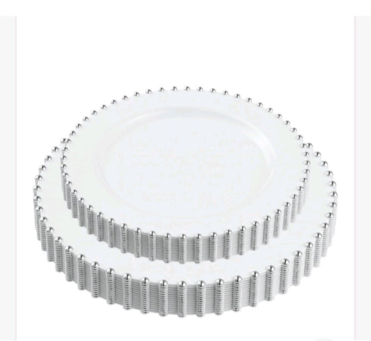 -001 NEW ITEM--32 Piece  Heavy Duty Plastic Dishes 7 and 10 inch, White and Silver Beaded treasure