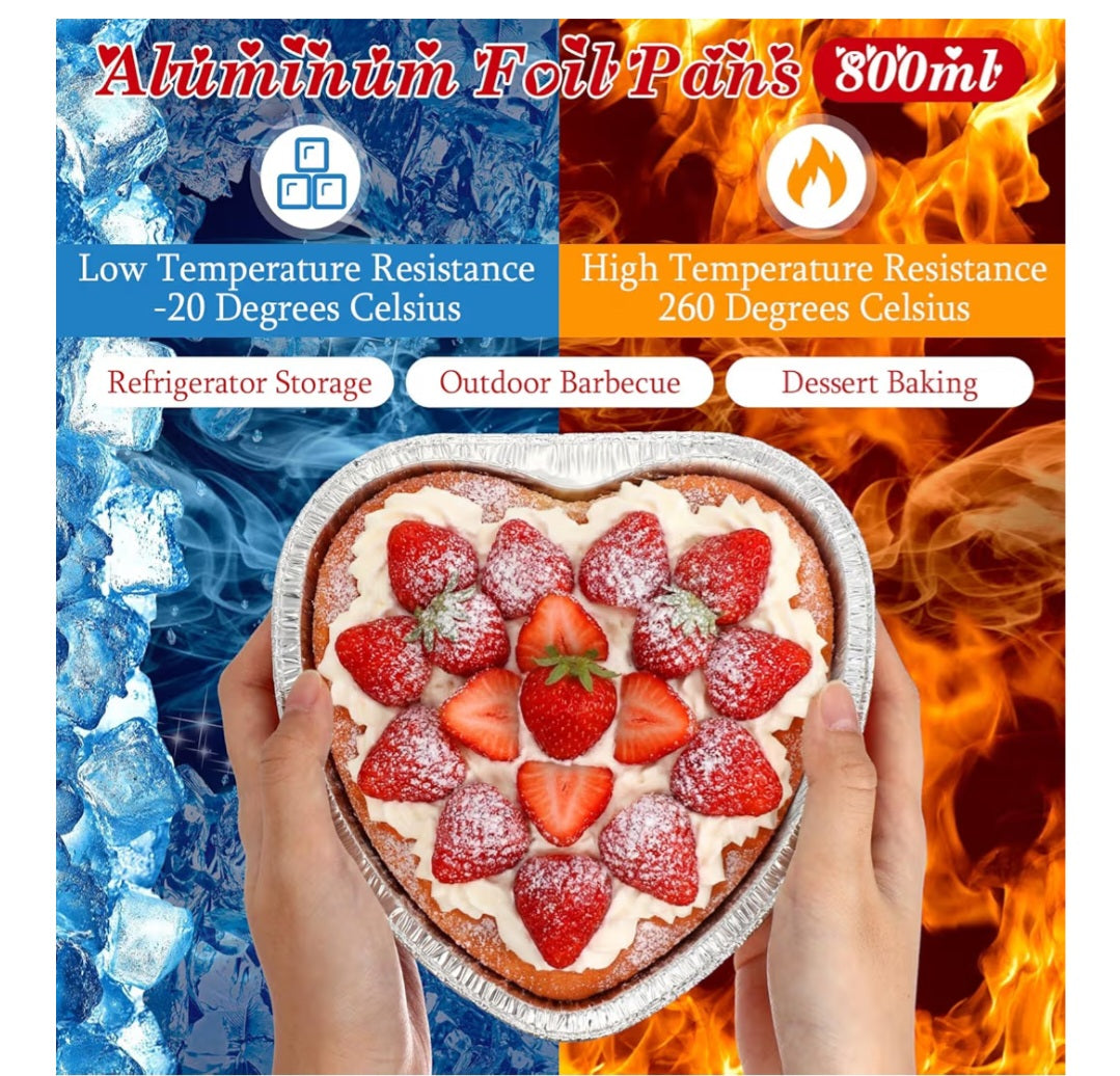 Red Heart Shaped Aluminum Foil Disposable Pans with Lids 7.4" (5 Pieces)