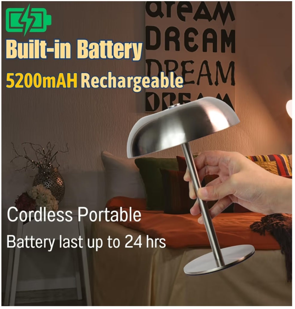 Portable LED Mushroom Table Lamp, Cordless Desk Night Light with 5200mAh Rechargeable Battery (Silver)