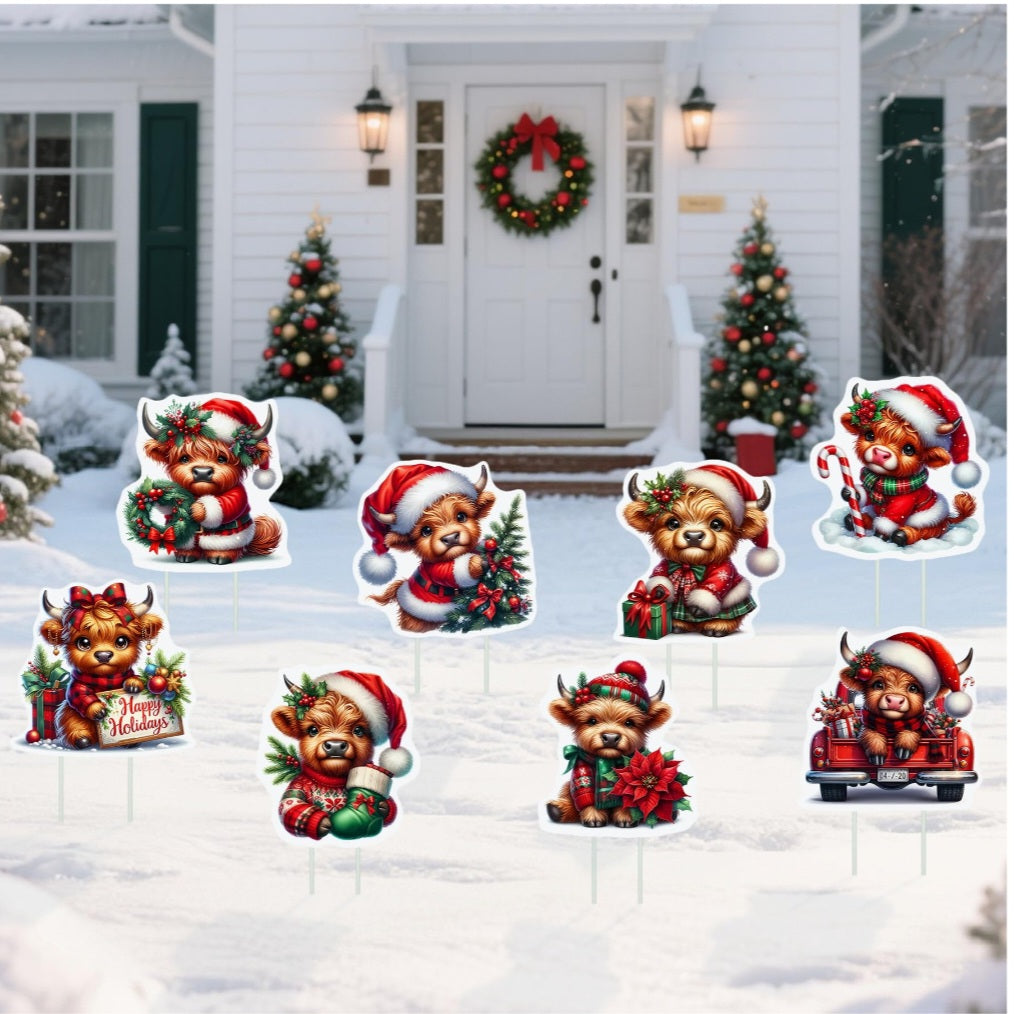 Highland Cow 8 Pcs Outdoor Christmas Yard Signs With Stakes 12 x 10''