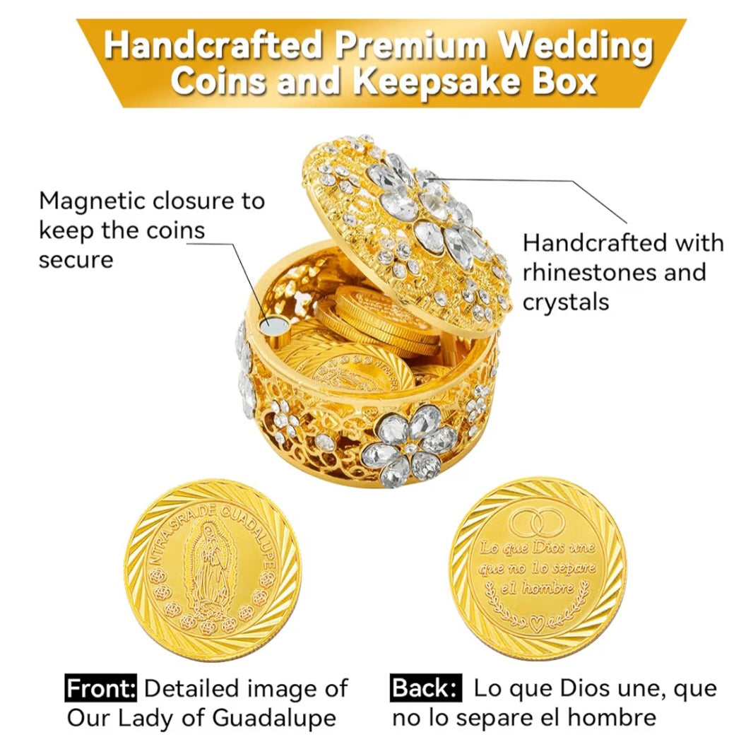8d Arras Para Boda Catolica with Virgen De Guadalupe Gifts Box. Catholic Arras Box, Mexican Wedding Arras Coins Set(Gold) Small double heart not included!