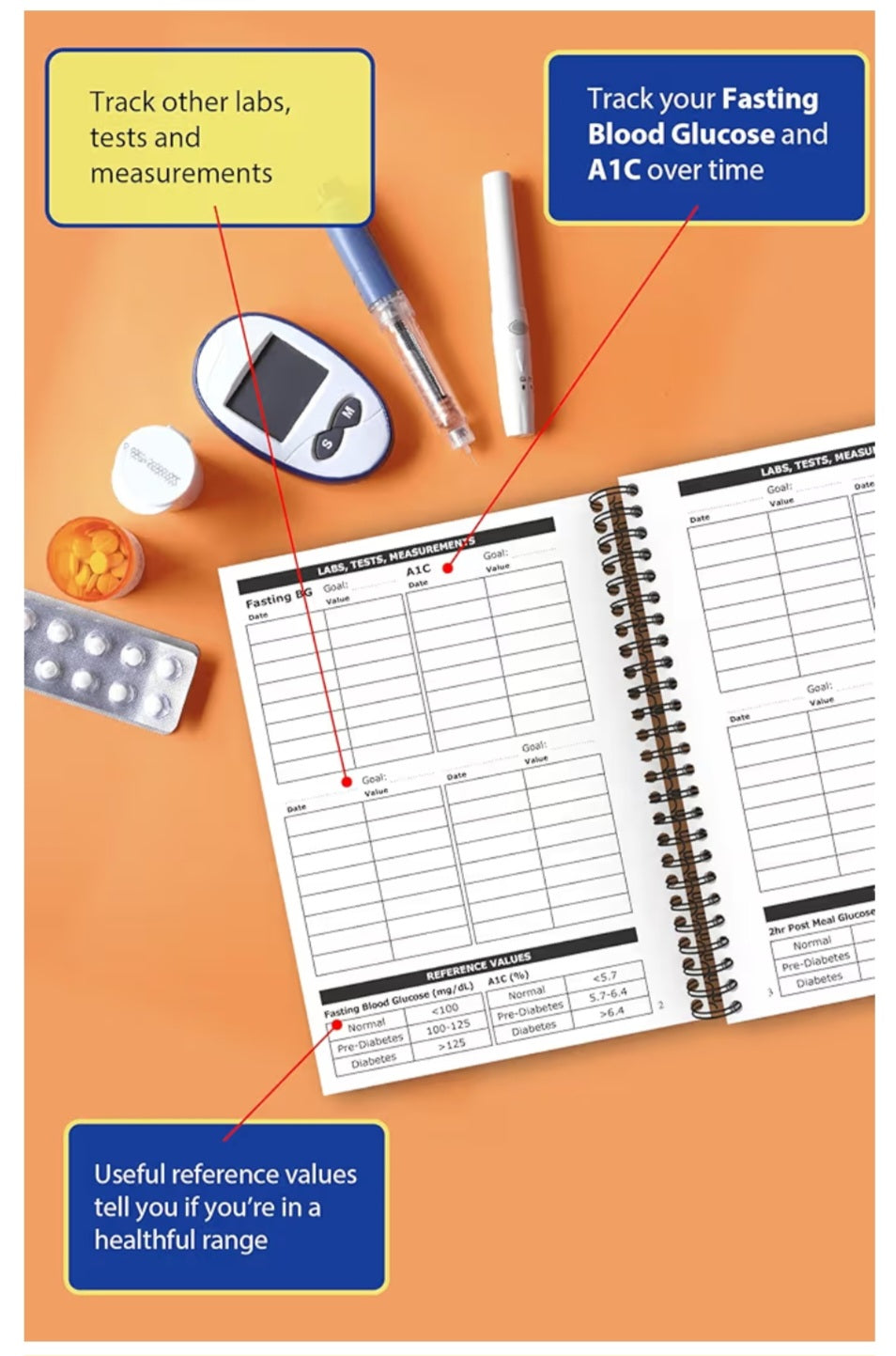 Diabetes Log Book - with Food & Blood Sugar Journal | for Types 1 & 2 Diabetics