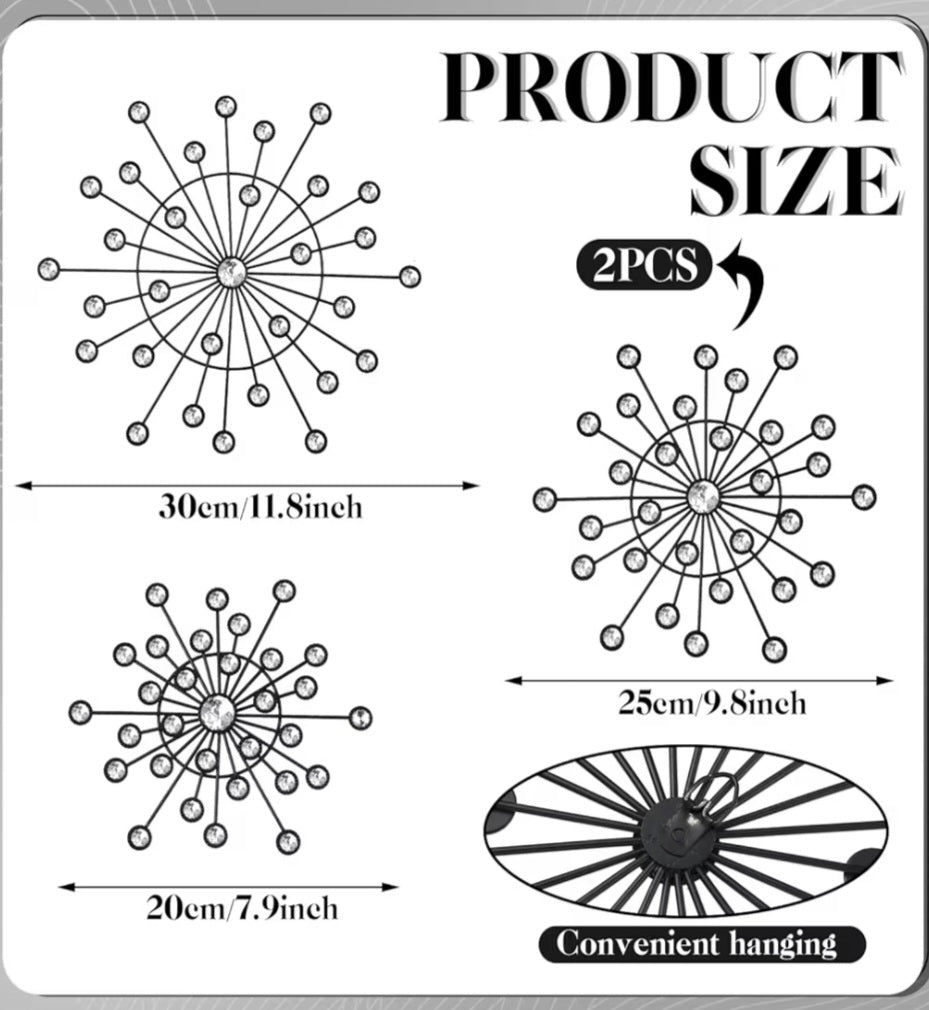 Blulu 4 Pcs Metal Bling Crystal Wall Art Cast Iron Rhinestones/Sunburst Decor Art Hanging Diamond Accents(Black)