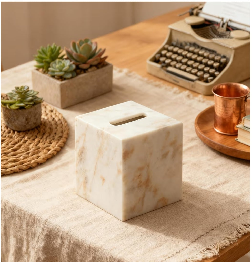 Marble Tissue Box Cover, White with Gold Texture. 6.83lbs