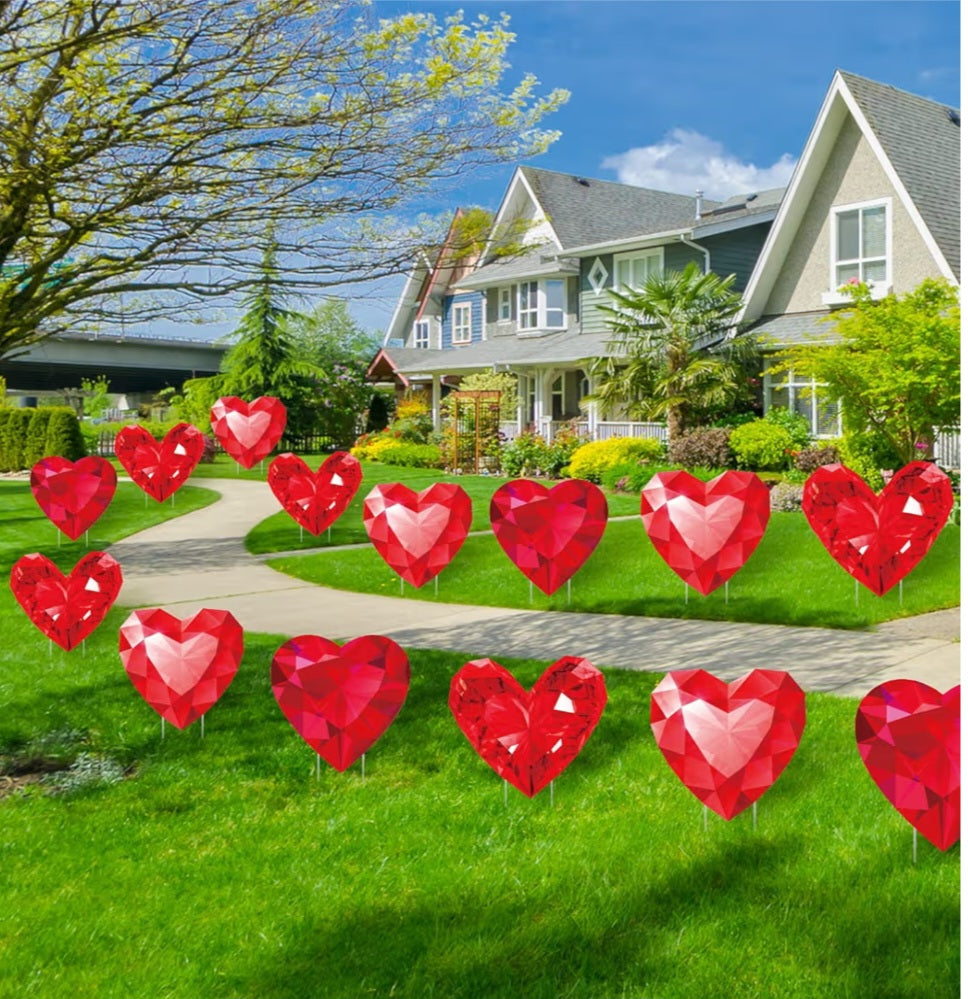 Diamond Heart Outdoor Decorations With Stakes (5 piece set) Red Heart Pathway Marker Gifts