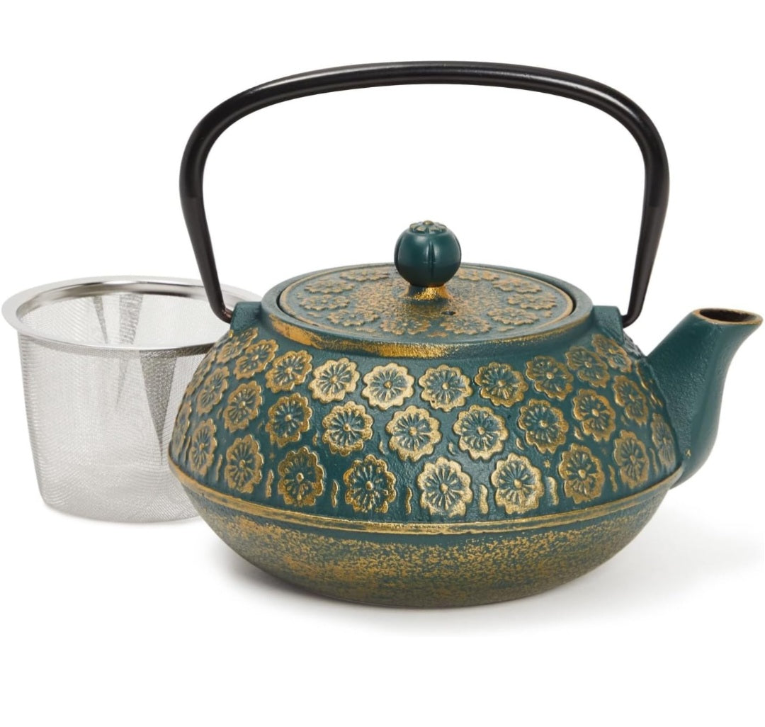 Juvale Cast Iron Tea Kettle with Infuser - 34 oz, Sage Green/Floral